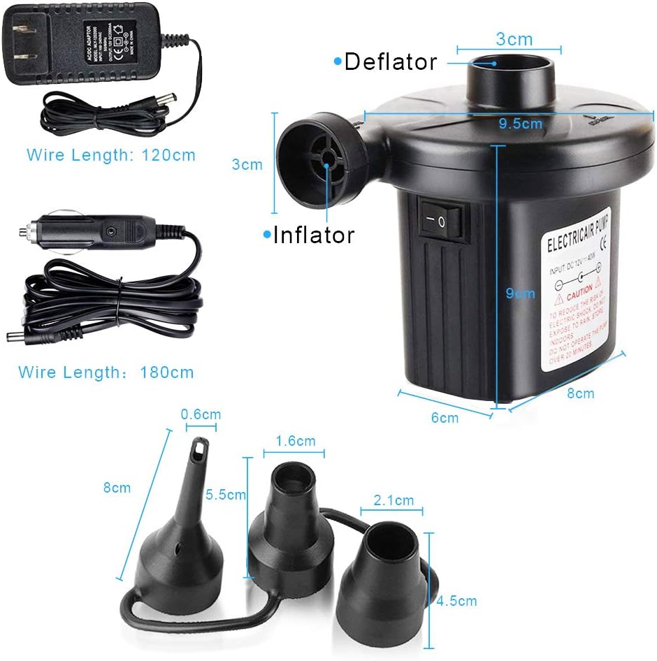 YANX Electric Air Pump, 110V AC/12V DC Portable Air Mattress Pump Two-Way Universal Inflator Electric Pump for Inflatables Pool, Airbeds, etc with 3 Nozzles and 1 Storage Bag: Home & Kitchen