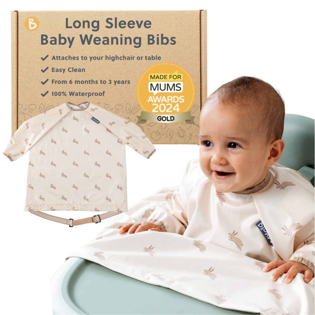 BIBaDO - Long Sleeve Baby Bibs - Toddlers 6-36 Months - Coverall Weaning Bib - Easy Wipe Clean & Soft Fabric - Attach to Highchair & Tables - Waterproof - Machine Washable - Baby Gifts