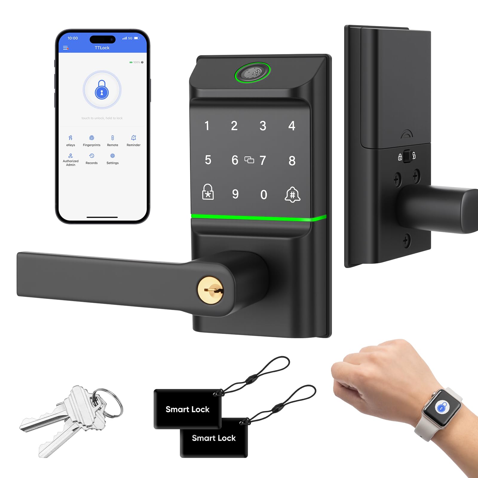 Photo 1 of Keypad Smart Door Lock with Handle, Keyless Entry Deadbolt for Front Door, Smart Auto Lock Deadbolt with Phone/Watch App Control, Biometric Fingerprint Gate Handle with 7 Ways to Unlock