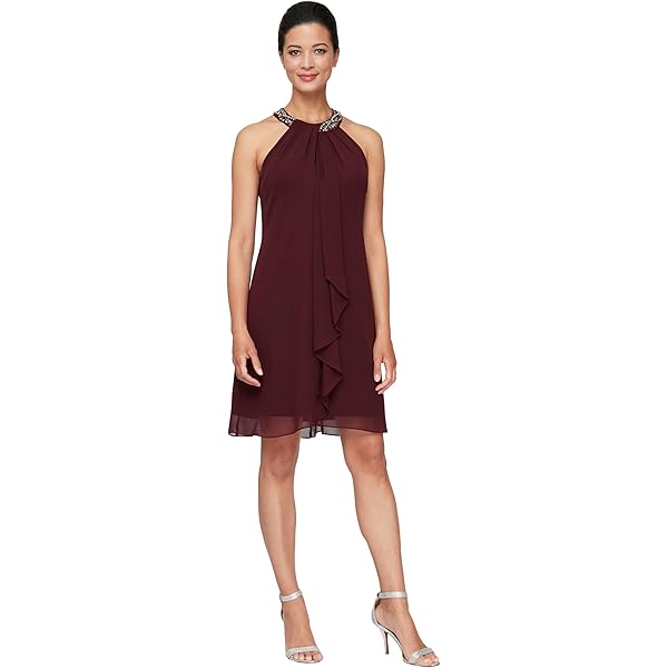 R&M Richards Women's Asymmetrical Cocktail Dress With Rhinestone Chain Straps