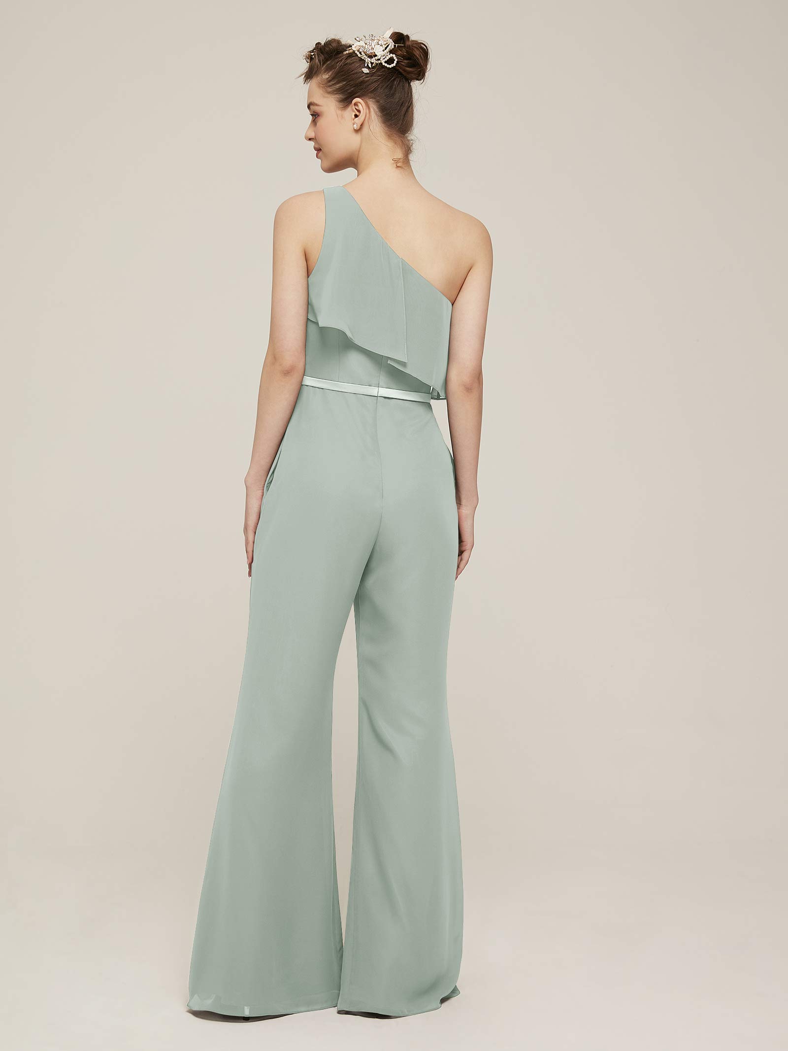 AW One Shoulder Ruffled Chiffon Formal Jumpsuit for Women