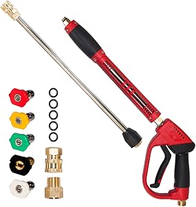 Hourleey High Pressure Washer Gun, Red Power Washer Gun with Replacement Wand Extension, 5 Nozzle Tips, M22 14mm to M22 15mm Fittings, M22 14mm to 1/4" Quick Connerctor, 40 Inch, 5000 PSI