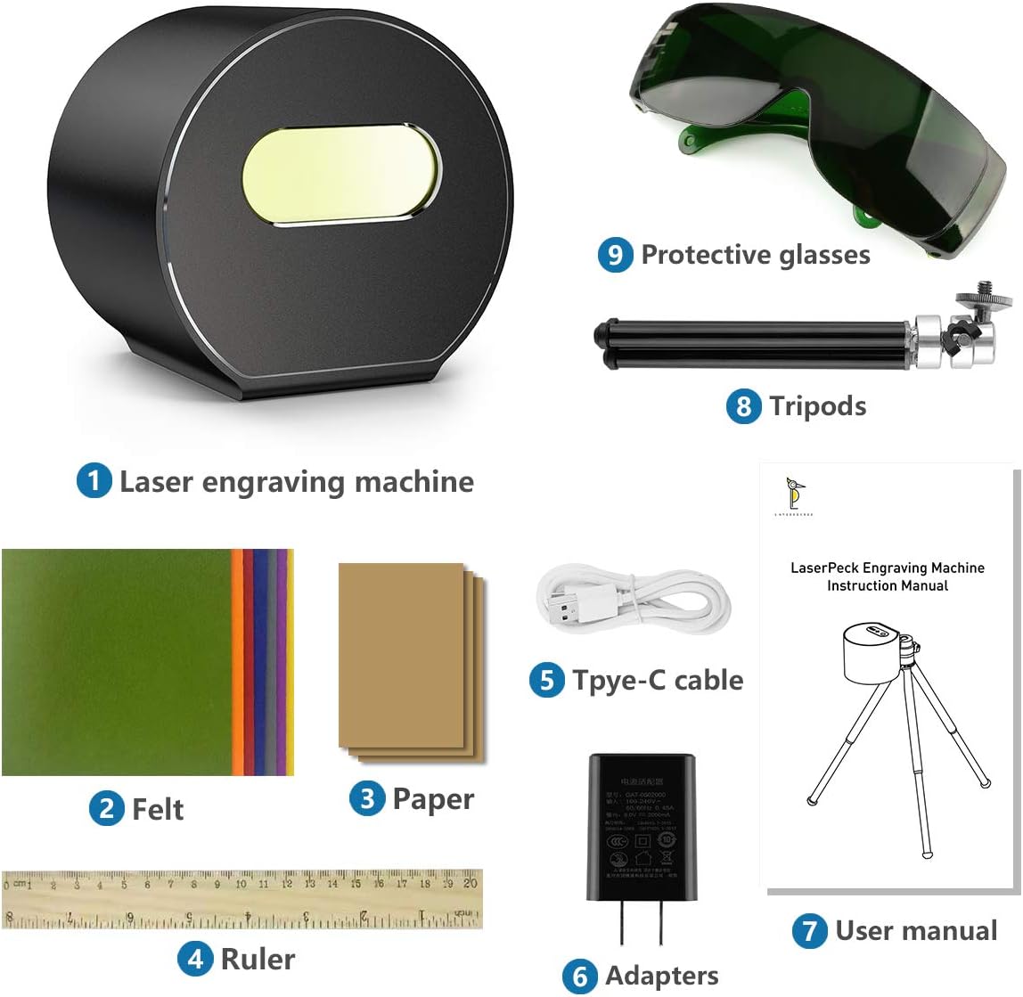 Compact Laser Engraver, Mini Handheld Laser Etcher Printer Cutter Home Desktop Laser Engraving Etching Machine with Protective Goggles for DIY Logo Design, Art Craft Science, Wood Paper Leather Black