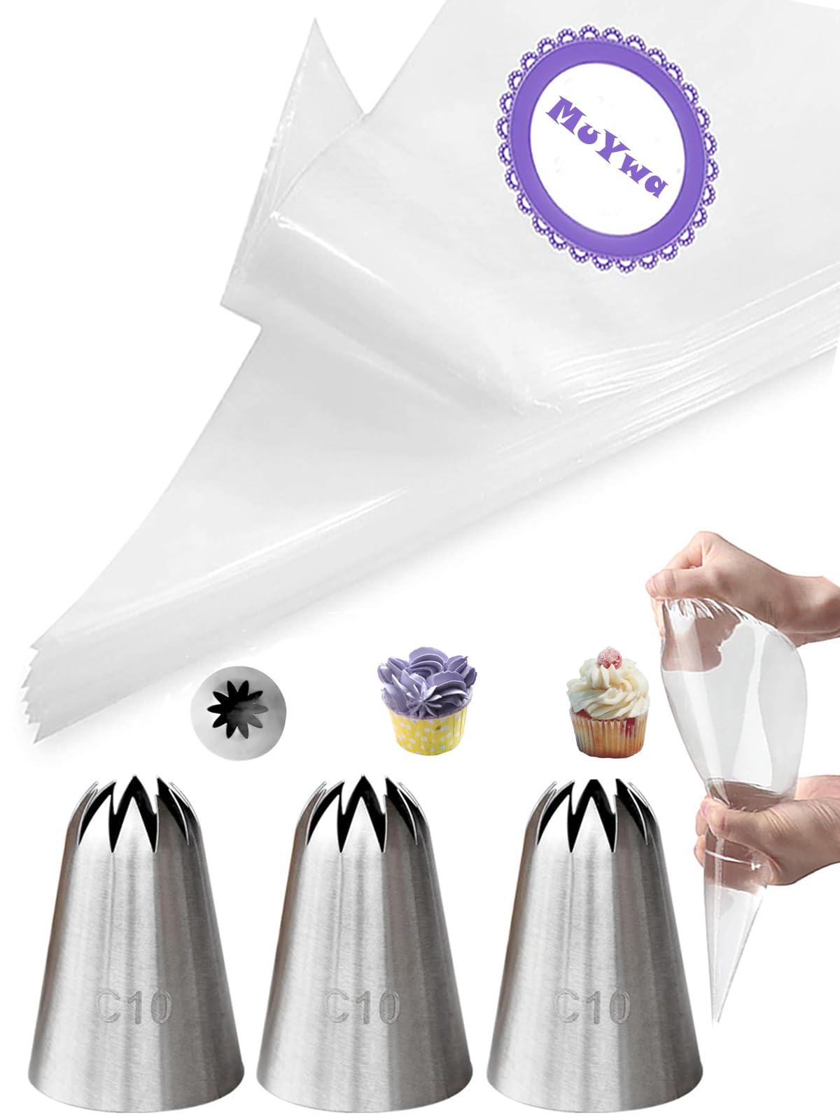 Extra Large Closed Star Piping Nozzle with Bags,3 Cake Decorating Tip for Churros,Meringue,Shells,Stars,Rosettes,Flower and 20 Disposable Piping Bags 18 inch