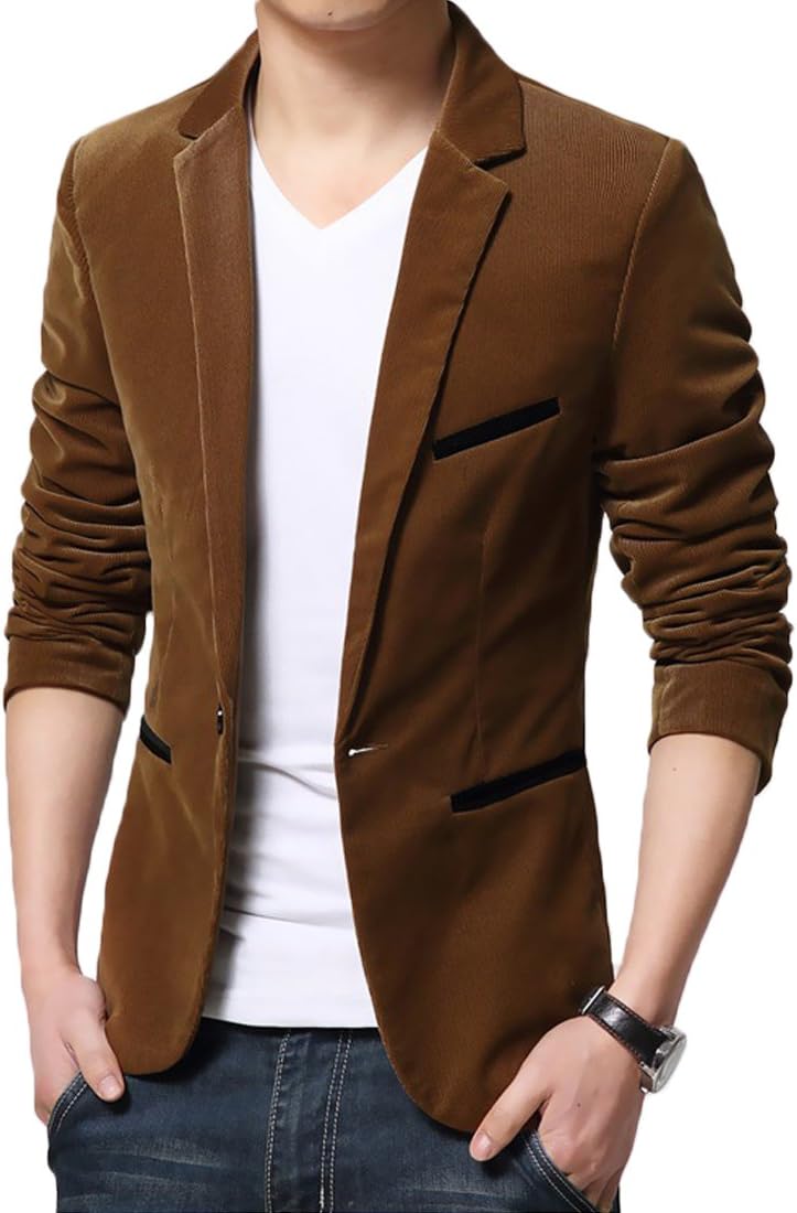 Mirecoo Men's Retro Slim Fit One Button Blazer Corduroy Suits Smart Formal Dinner Suits Jacket Size XS-XL