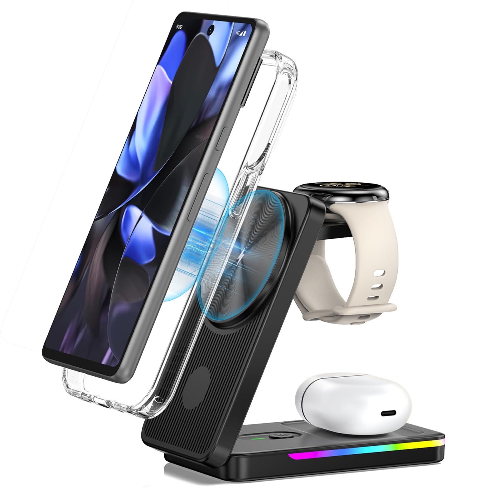 Photo 1 of Magnetic Wireless Charger for Google Pixel Watch 3/2, 3 in 1 Foldable Wireless Charging Station for Google 10/10 Pro XL/10 Pro/9/8/7/6, Pixel Buds Pro 2, Fast Mag-Safe Charging Stand with Adapter