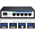 Poe Switch, 5 Port Gigabit PoE Switch, (4 Port gigabit Switch + 1 gigabit uplink+ 1 SFP Slot) Cloud Managed Gigabit Ethernet Switch, 4 Poe Ports @52W, APP Smart Managed, Remote Detection/Restart