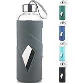 SHOW INGENUITY 32 OZ Borosilicate Glass Water Bottle BPA Free Reusable Glass Drinking Bottle with Silicone Sleeve and Stainless Steel Lid