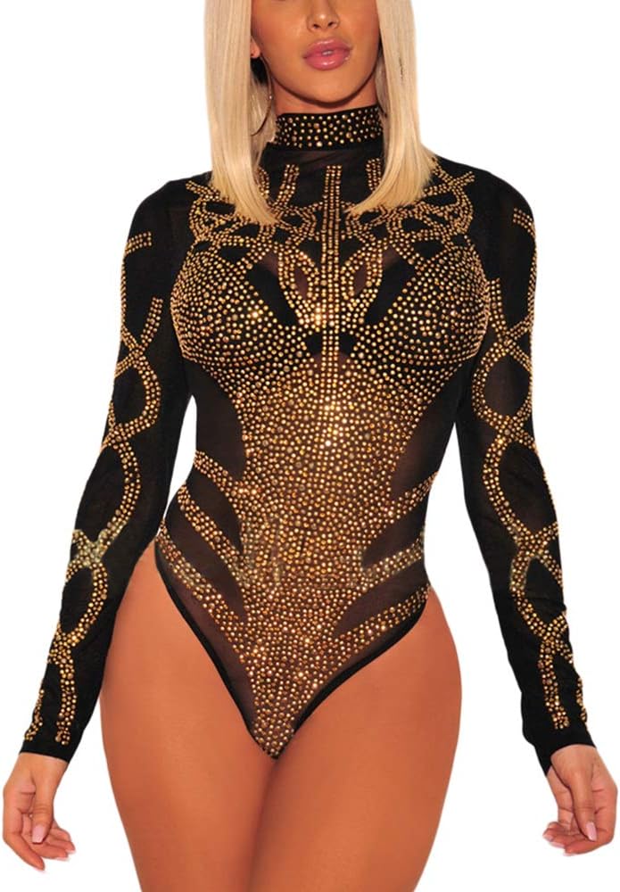 Uranus Women's Sexy Rhinestone Mesh Long Sleeves Bodysuits Sheer Leotard Clubwear