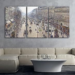 3 Panel World Famous Painting Reproduction on Canvas Wall Art - Boulevard Montmartre, Morning, Cloudy Weather by Camille Pissarro - Modern Home Art Ready to Hang - 16"x24" x 3 Panels