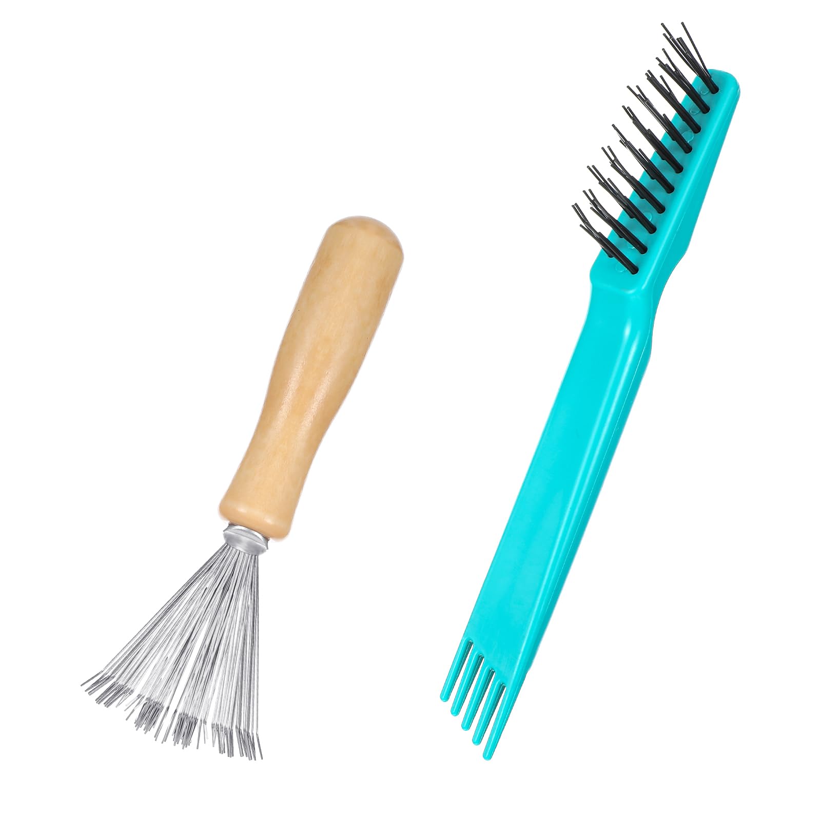Photo 1 of 2 PCS Hair Brush Cleaning Tool Comb Cleaner Brush Rake Design Mini Comb Cleaning Hair Remover Tool for Removing Dust Home and Salon Use (Green, Wood Color)