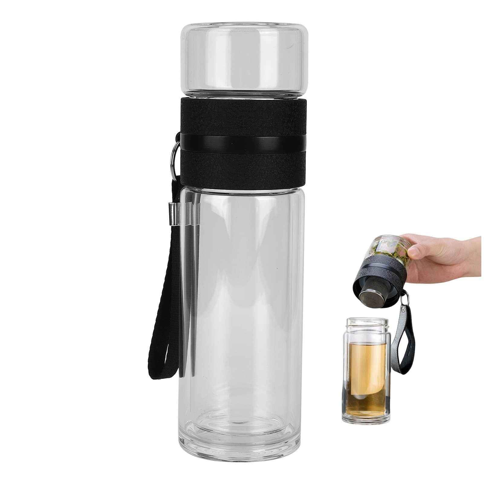 Cyrank Glass Tea Bottle, 350ml Tea Infuser Bottle with Stainless Steel Strainer Insulated with Double Wall Portable Travel Tumbler Mug Clear Travel Cup Tea Infuser Mug