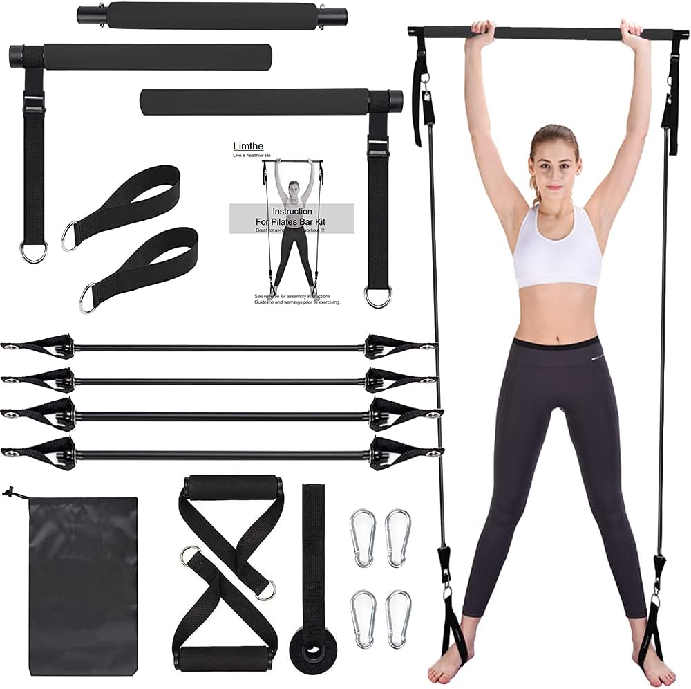 Limthe Pilates Bar Kit with Resistance Bands(30&50lbs), Adjustable for Different Height, Compact&Protable 3-Section Exercise Sticks, Stretching Exercise Bar for Home Workout-Yoga, Muscle Toning(Black) : Sports & Outdoors