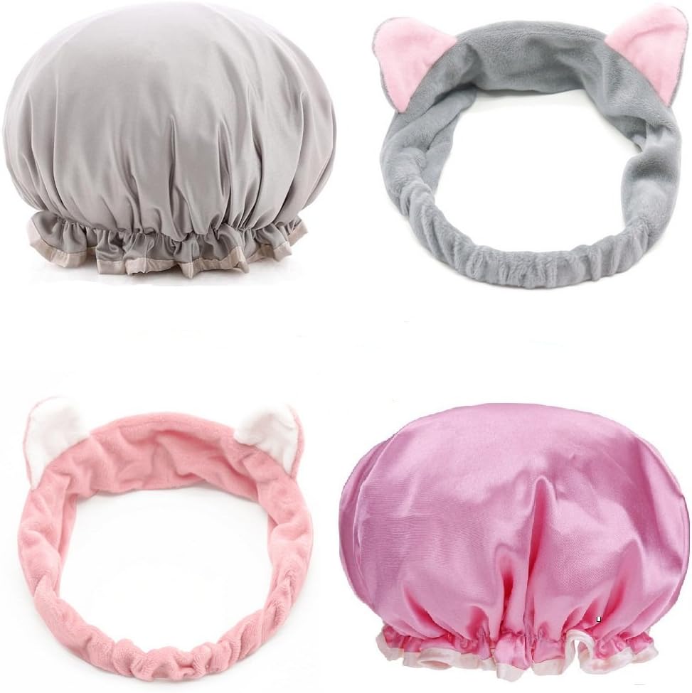 4 Pieces Bath Set，2 Pieces Double-layer Bath Cap+2 Cat Ears Headband Elastic Band Shower Hat Waterproof for Women Shower Spa