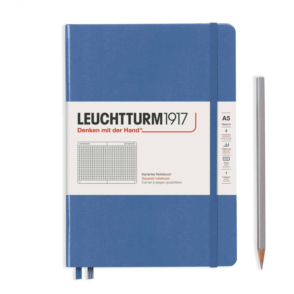 LEUCHTTURM1917 361579 Notebook Medium (A5) Hard Cover 251 Numbered Pages Denim Squared