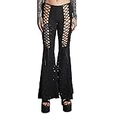 Dolls Kill Beyond The Woods Flare Pants by Widow – Gothic Lace-Up Flared Pants with Shredded Hole Design