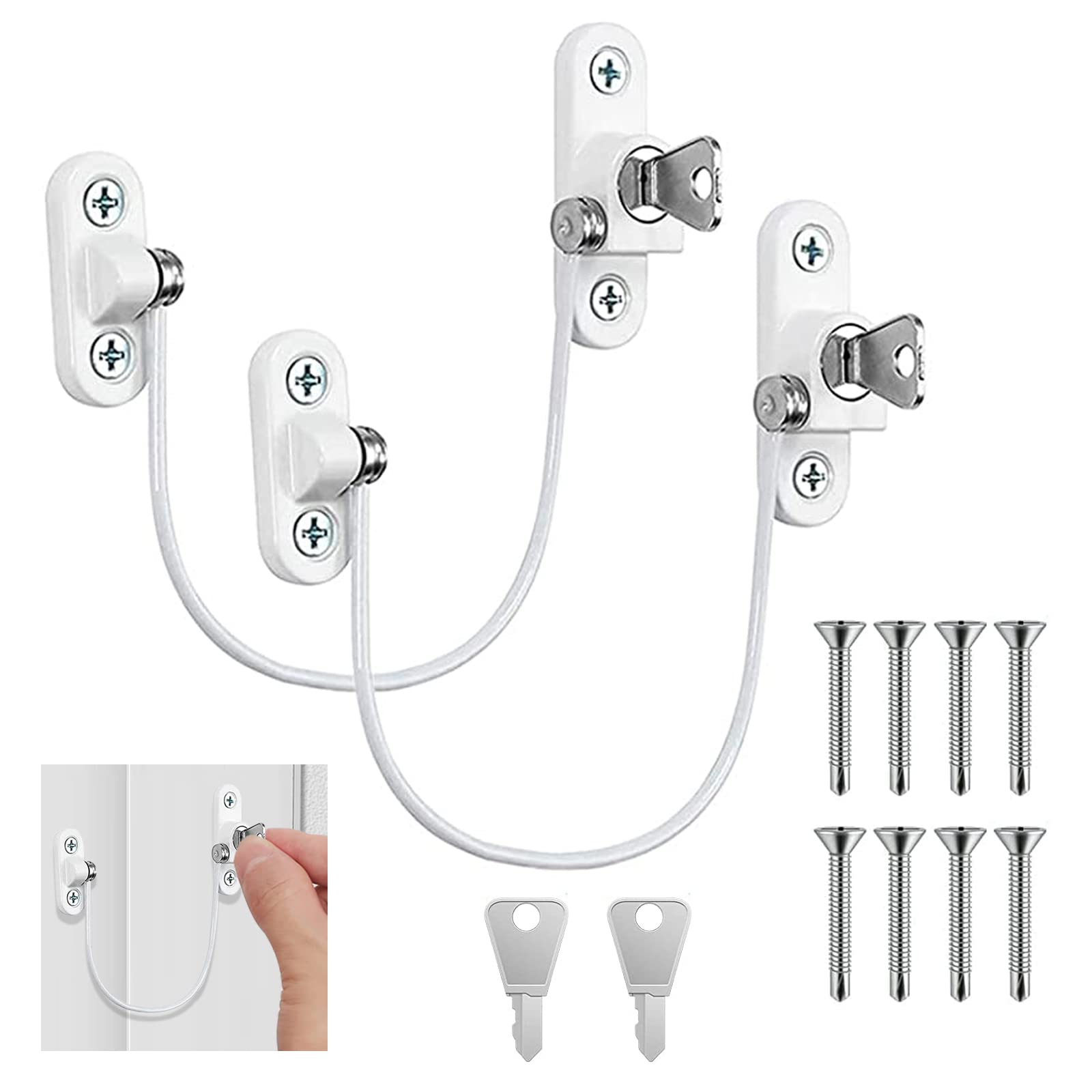 2pcs Window Restrictor Locks, UPVC Child Baby Security Wire Catch with Screw Keys UPVC Windows Ventilation Lock for Home Public and Commercial Applications.