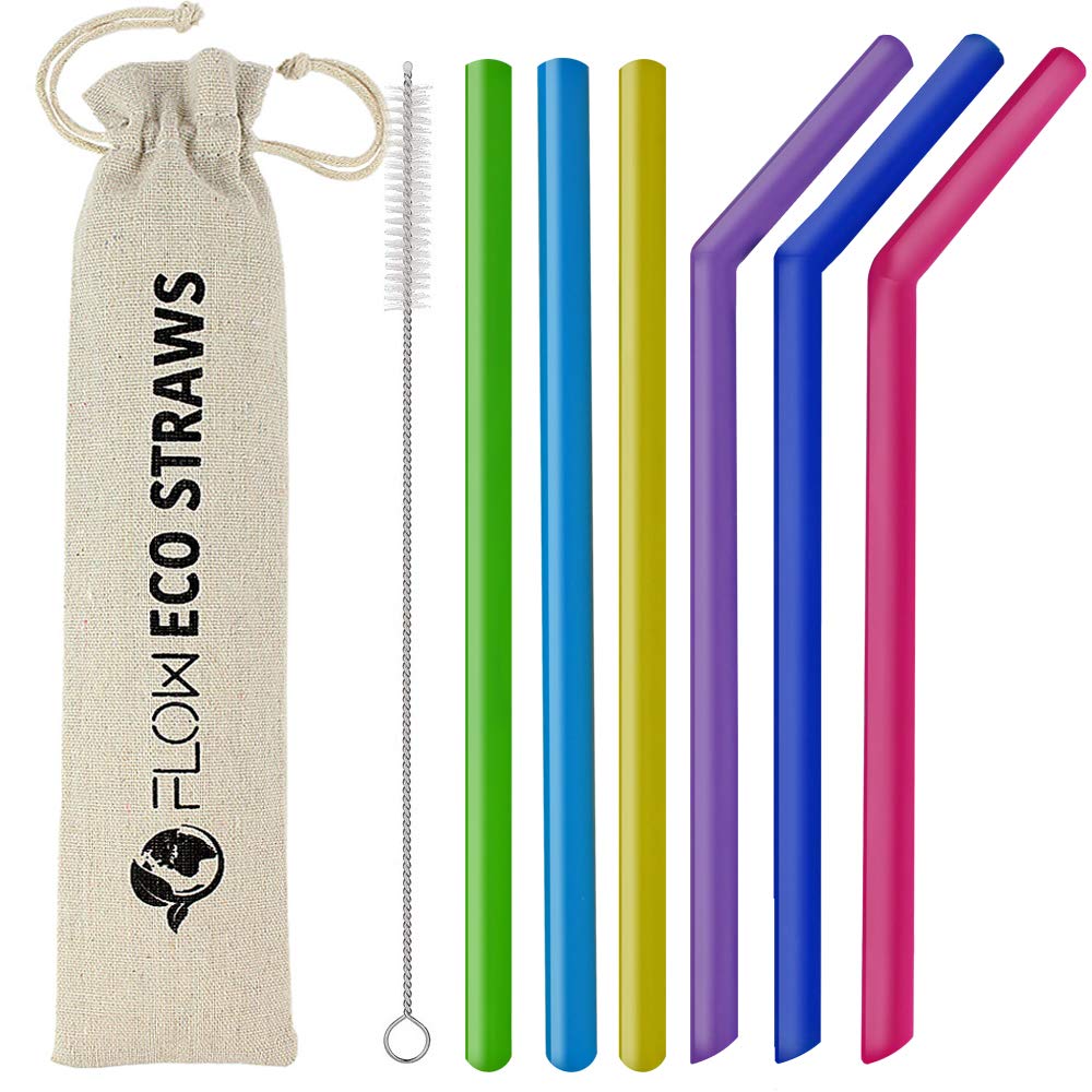 FLOW Barware Silicone Straws | 6 Silicone Straws Reusable with Storage Bag & Cleaning Brush | Large Straw Set for Smoothies, Children's Milkshakes | Multi-Coloured Rainbow Flexible Straw Set