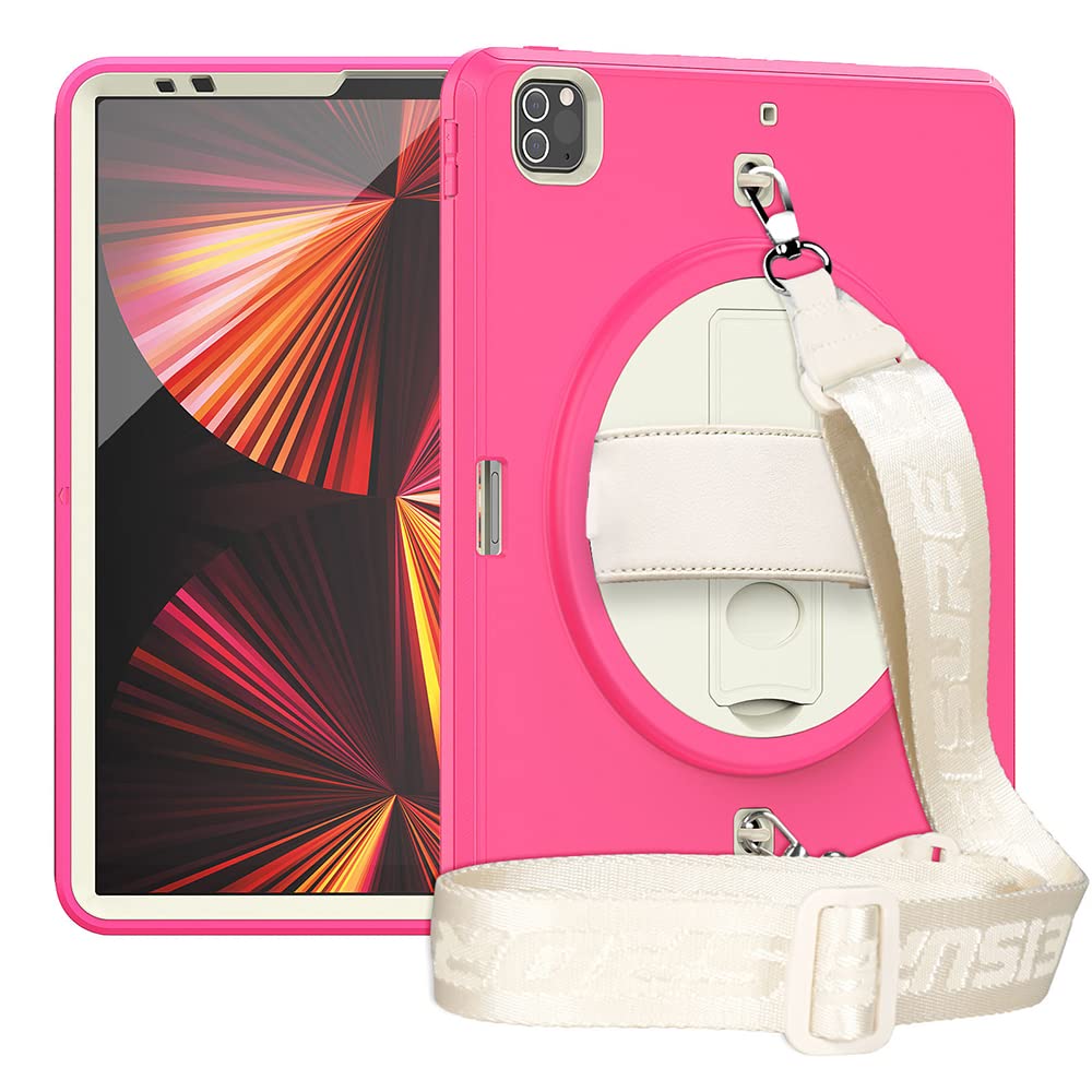 iPad Pro 12.9 Inch Case (2021/2020/2018) with Shoulder Strap, Heavy Duty Case for iPad 5/4/3rd Gen with 360 Degree Rotating Stand, Pink+White