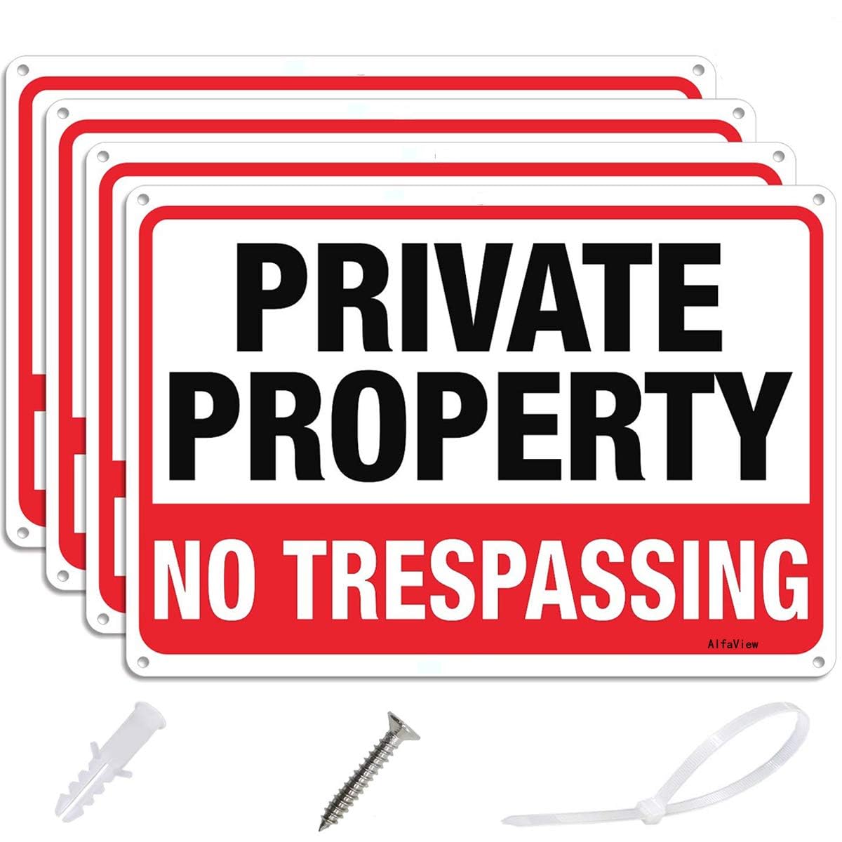 AlfaView Private Property No Trespassing Sign, 10"x 7" .040 Rust Free Aluminum Sign, Reflective Anti UV Protected MetalSign, Easy to Install-Indoor & Outdoor Use with Screws and Zip Ties (4)
