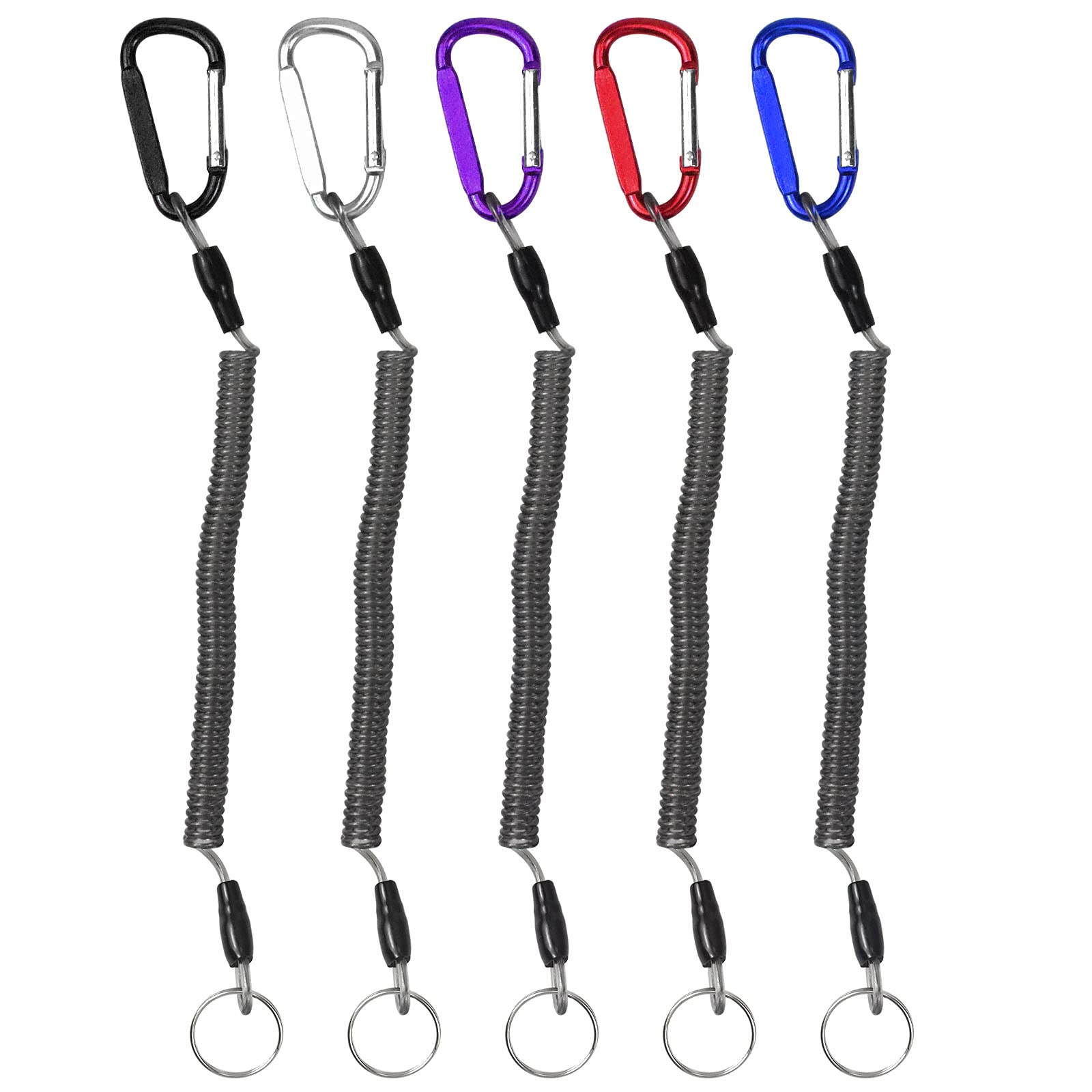 Jinlaili 5 Pcs Heavy Duty Fishing Lanyard, Spiral Retractable Coil With Carabiner, Multi-Colored Safety Rope Wire Steel, Anti-Lost Stretch Cord, Coiled Tether for Fishing Tackle Pliers Boating Angling