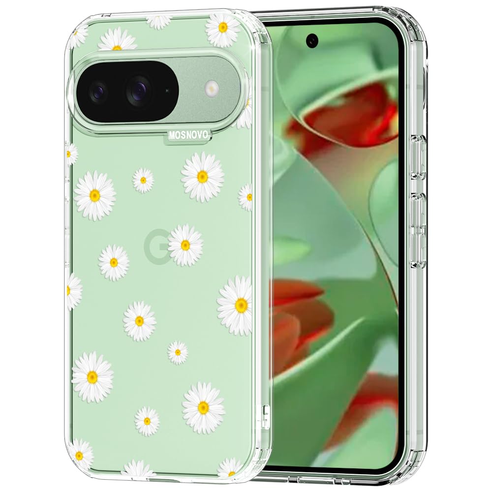 MOSNOVO Case for Google Pixel 9 & Pixel 9 Pro, [Buffertech 6.6ft Military-Grade Drop Protection] [Anti Peel Off Tech] Clear TPU Bumper Phone Case Cover Design - White Daisy