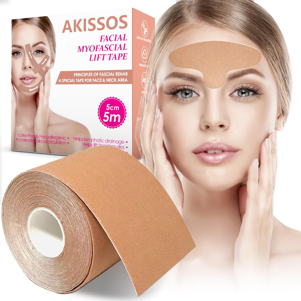 Akissos Facial Myofascial Lift Tape Face Lift Tape Face Toning Belts Anti Wrinkle Patches Anti Freeze Stickers Neck Lift Tape Unisex For Firming and Tightening Skin 5cm*5m
