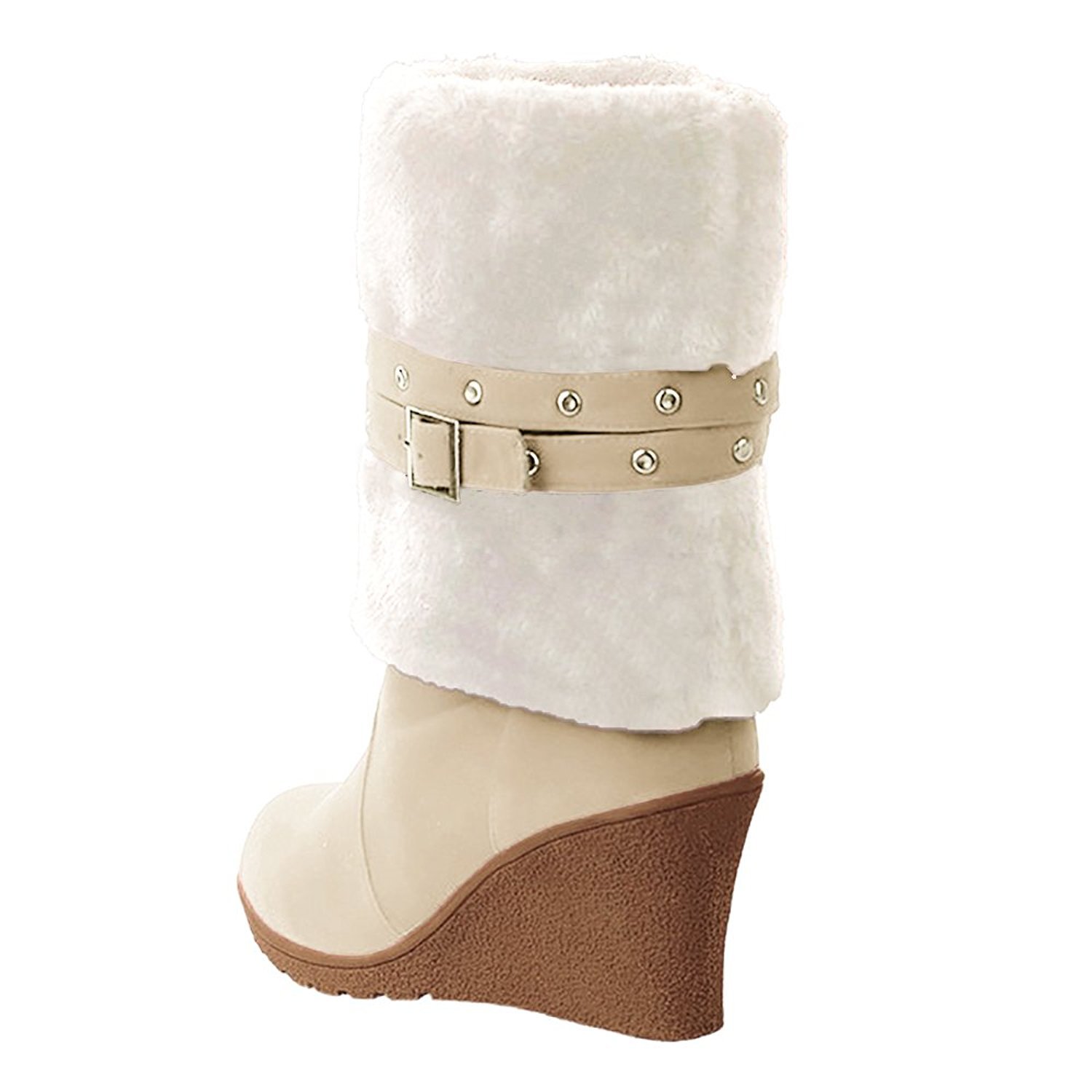 Ifantasy Winter Warm Snow Boots for Women Suede High Heel Wedges Buckle Mid Calf Boots