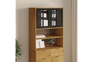 Highboard with Glass Doors FLAM Solid Pine Wood Top: Modern Storage Cabinet for Room, Kitchen, Living, Entryway Cabinets, Fur