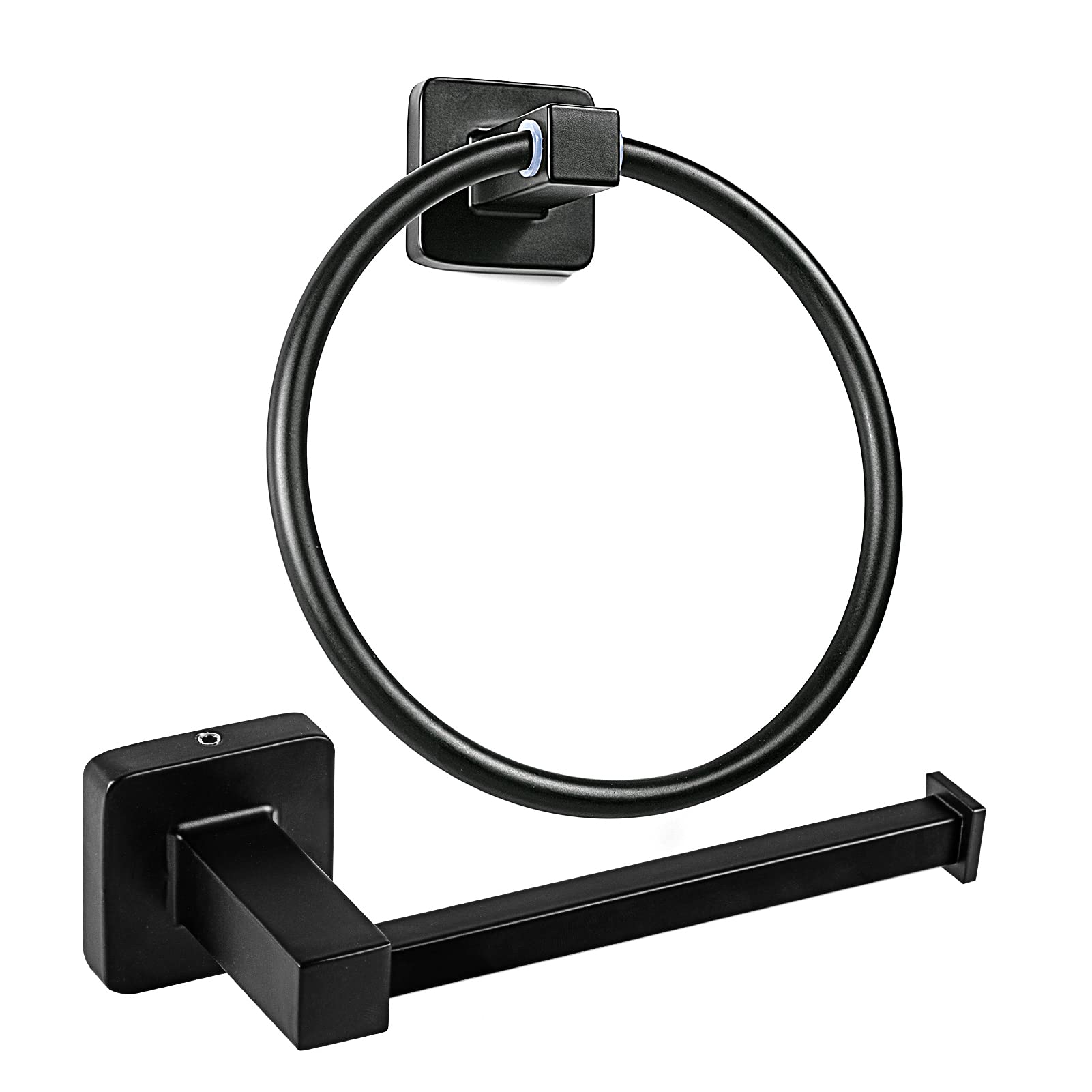YUET Matte Black Square Bathroom Toilet Roll Paper Holders Tissue Holder & Towel Ring Bar Accessories 2 Pieces Stainless Steel Hardware Set (Black)