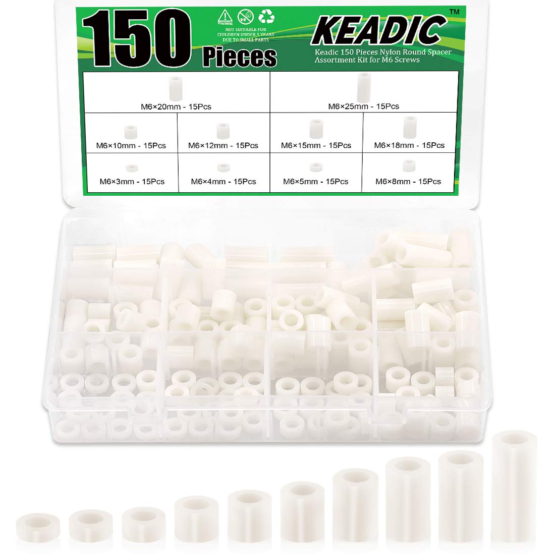 Keadic 150 Pieces Nylon Round Spacer Standoffs Assortment Kit, OD 11mm and ID 6.2mm, Length 3mm 4mm 5mm 8mm 10mm 12mm 15mm 18mm 20mm 25mm for M6 Screws