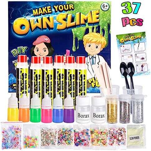 Slime Kit,DIY Make Your Own Slime 35 Pack Non Toxic Clear Putty Glowing Slime Kits Toy for Girls Kids Gift, Magic Slime Toy with 2 Bottles Glue,2 Color Neon Paints,6 Colorful Slice,1 Glitter Shakes,1 Glow Powder; European Certificated