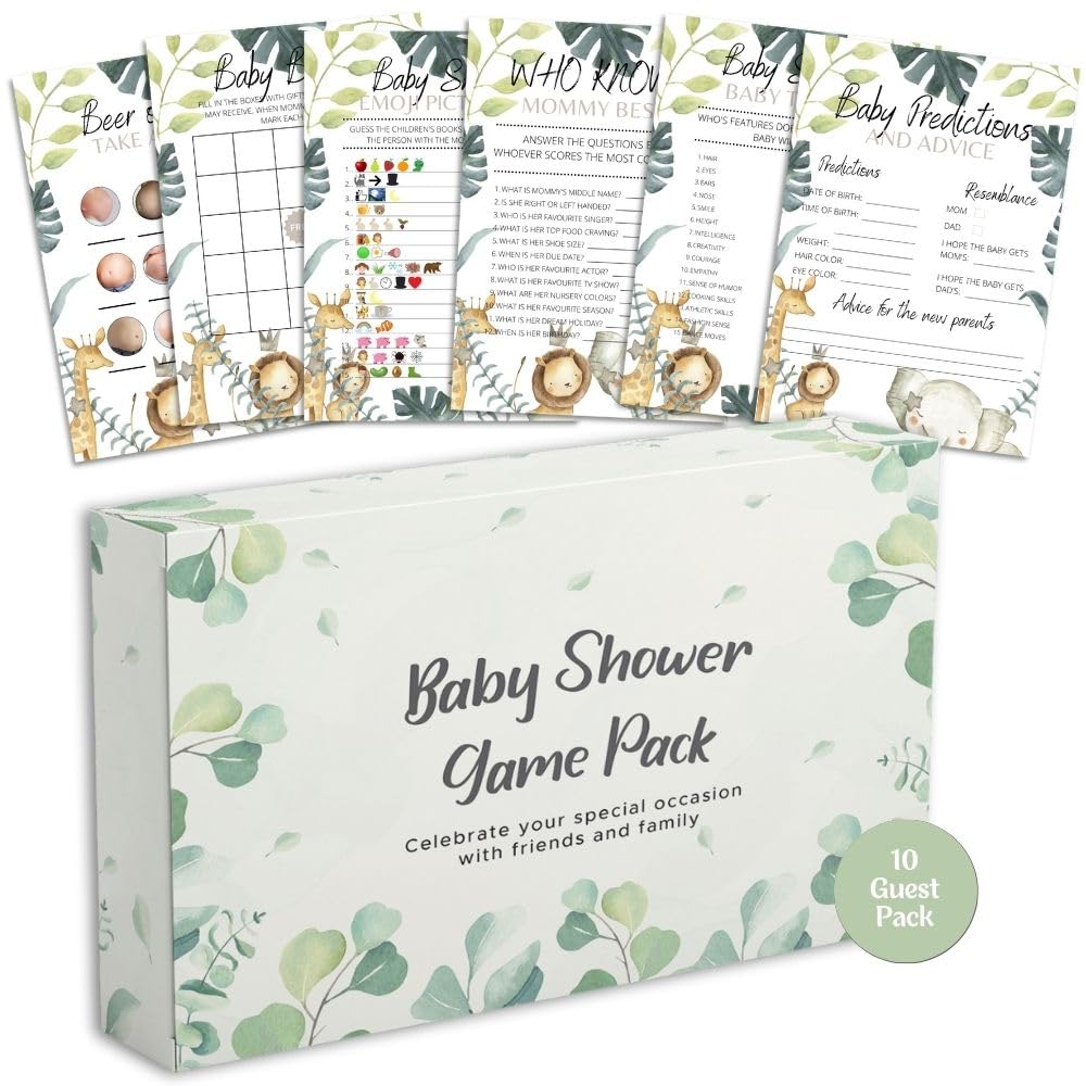 Your Party Games Baby Shower Games - 6 Game Bundle - Eucalyptus, Jungle, Safari, Baby Boy, Baby Girl - 10 Guests Pack (Jungle)