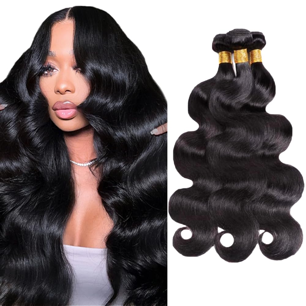 Photo 1 of 1B Bundles Human Hair Body Wave Human Hair Bundles 26 28 30 Inch Unprocessed Virgin Natural Black Body Wave Bundle Human Hair Extensions 50 Gram Per Bundle
