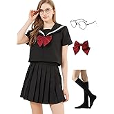 Yarawphy Women's Japanese School Girls Uniform Sailor Costume Long Sleeve Anime Cosplay Pleated Skirt with Glasses Socks