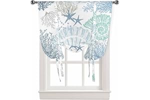 ARTSHOWING Summer Ocean Tie Up Curtain for Kitchen Adjustable Balloon Window Shade 45 Inch Length Ocean Shells Starfish Coral Blue Rod Pocket Curtain Drape for Bedroom Living Room 42"x45" Valance