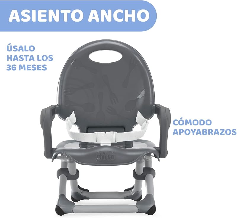 Pocket Snack Alzador de Silla para Niños para Comer, Apto de 6 Meses hasta 3 Años (15 kg), Trona de Viaje Portátil y Ajustable para Bebés, Compacta y con Bandeja Desmontable - Gris (Dark Grey)