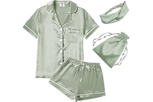 WJING YI JIA 4Pcs Womens Satin Silky Pajama Sets Short Sleeve Shirt XS-4XL Floral Pajamas Set Soft PJ Loungewear Sleepwear