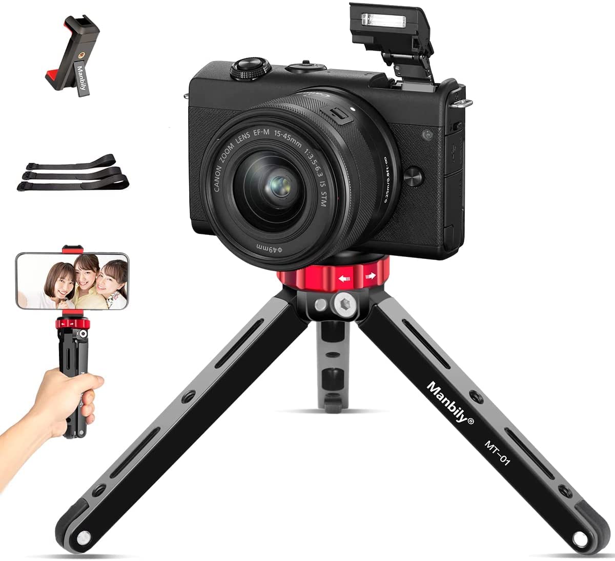 Manbily Mini Tripod for Phone Camera Monopods,Portable Travel Tabletop CNC Aluminum Tripod with 1/4 and 3/8 Screw Mount for Shooting Video Recording,Max Load 176lbs/80kg (MT-01)