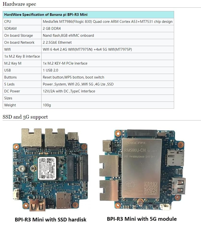 Banana Pi BPI-R3 Mini Wi-Fi 6 Open Source OpenWRT Router Board, Wireless Dual-Band Mini WiFi Router, MediaTek MT7986 (Filogic 830) CPU, Support 5X GbE and 2X 2.5GbE SFP for NAS Smart Home Gateway