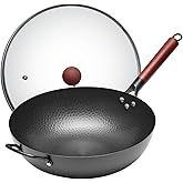 WANGYUANJI 13.4"Carbon Steel Wok Pan with Lid (34cm),Large Flat Bottom Stir Fry Pan for Electric,Induction & Glass Top Stoves, High Stability No-Wobble Design, Lightweight Chinese Cookware, 4-6 People