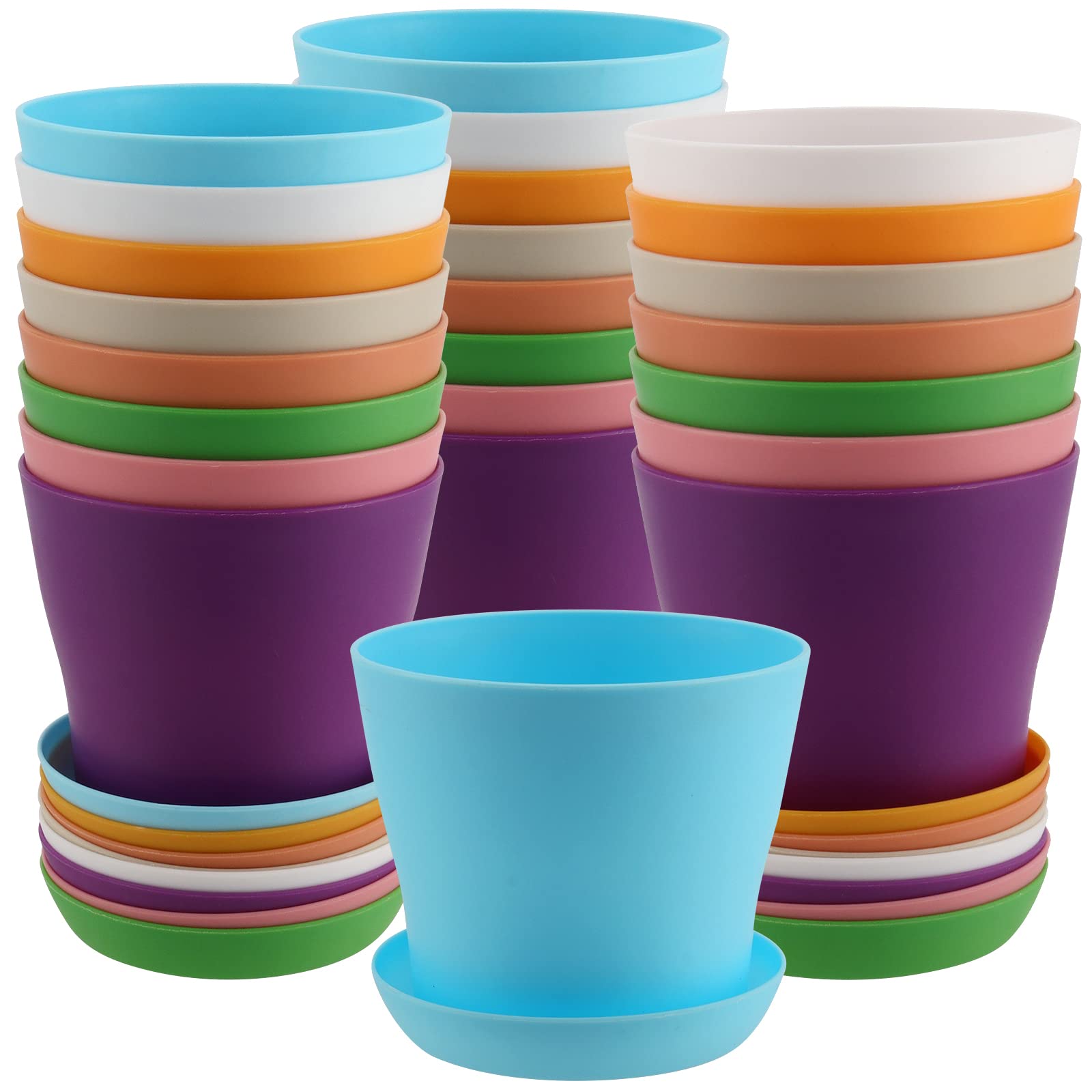 MUKCHAP 24 Pack 10cm Plastic Plant Pots with Saucers, 4 Inch Colorful Garden Round Flower Plant Pots with Drainage for Indoor and Outdoor, 8 Assorted Colors