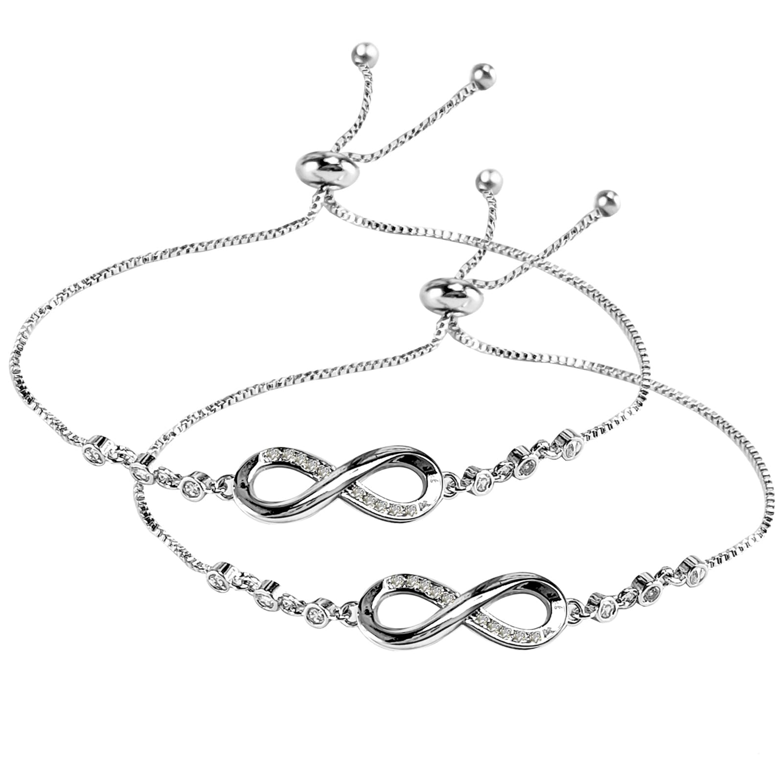 SwirlColor 2 Infinity Bracelets, Silver Adjustable Elegant Tennis Bracelet for Women Wife Mother Girls Friends Girlfriends, with 1 Jewelry Box