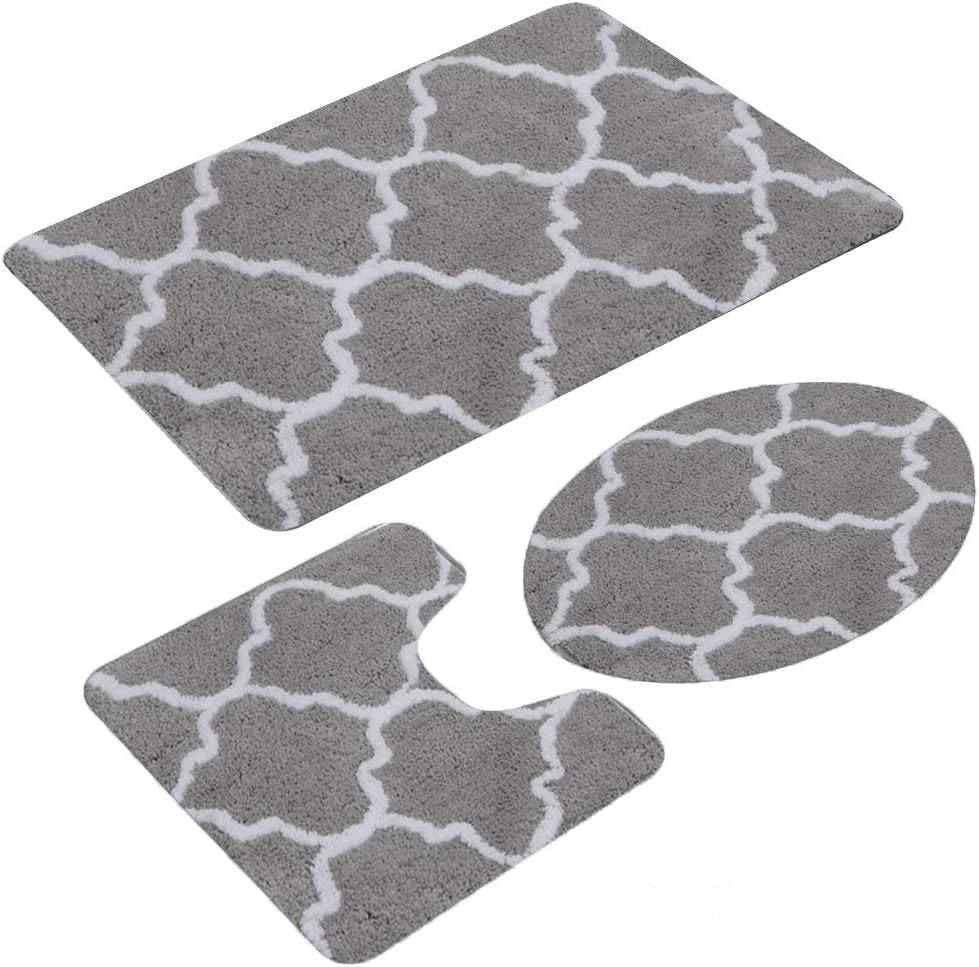 3 Pieces Bathroom Rug Set,Non-Slip Bath Mats for Floors,Ultra Soft, Absorbent and Comfortable U-Shaped Contour Rug, Floor Mat and Toilet Lid Cover (Grey-Geometric)