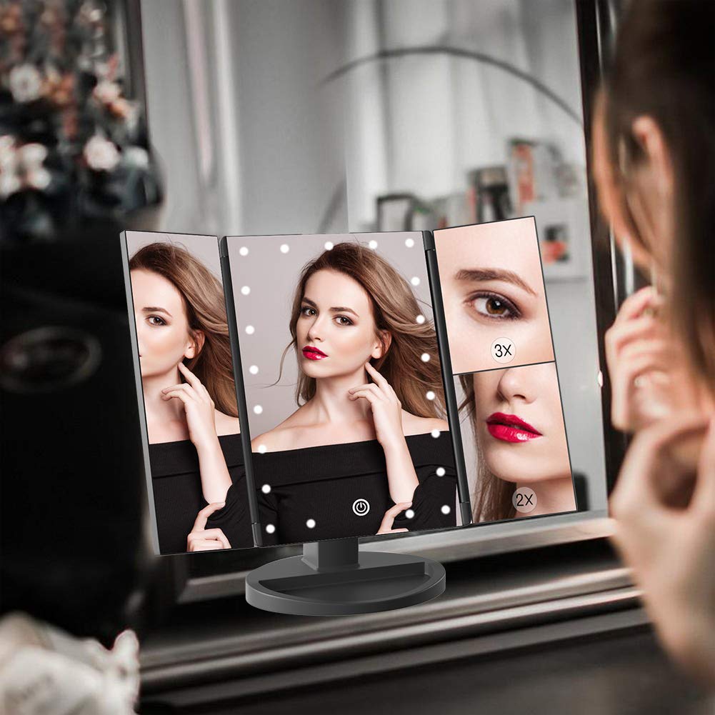 WEILY Makeup Vanity Mirror with 21 Led Lights, Trifold Dual Power Magnifying LED Lighted Cosmetic Mirrors (Black) : Beauty