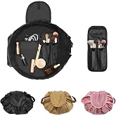 SUMBABO Drawstring Makeup Bag Open Lay Flat - Travel Cosmetic Organizer Bag for Women - Toiletry Bag with Brush Holder - Black, Large Capacity, Travel Essential