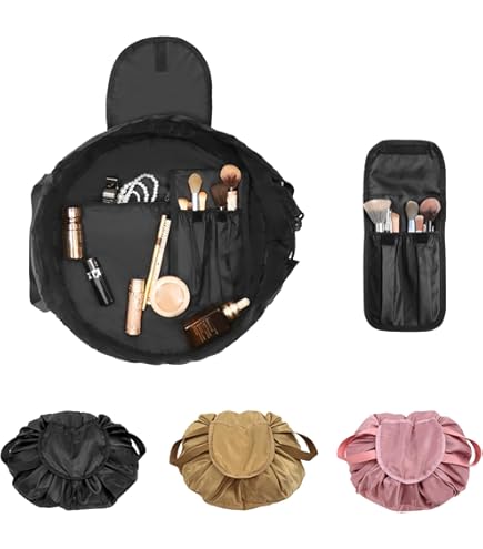 Large Flat Open Makeup Bag,Lay Drawstring Cosmetic Bag Travel Toiletry Bag