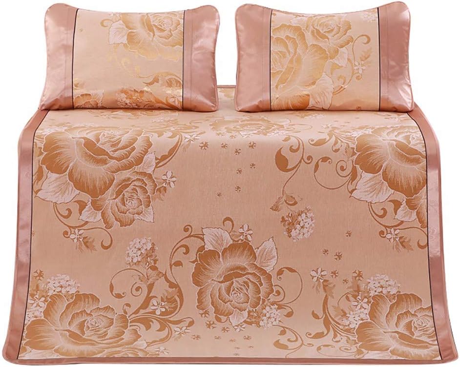 vmree Summer Bedding Bed Sheet Mat Sets - Queen Size Breathable Cooling Ice Silk Sleeping Pad Mattress Topper with 2Pcs Pillow Mat Cover 60 x 80 Inch (Gold, 150x200cm)