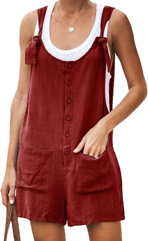 PEHMEA Women's Summer Cotton Linen Short Romper Sleeveless Jumpsuit Overall Shorts