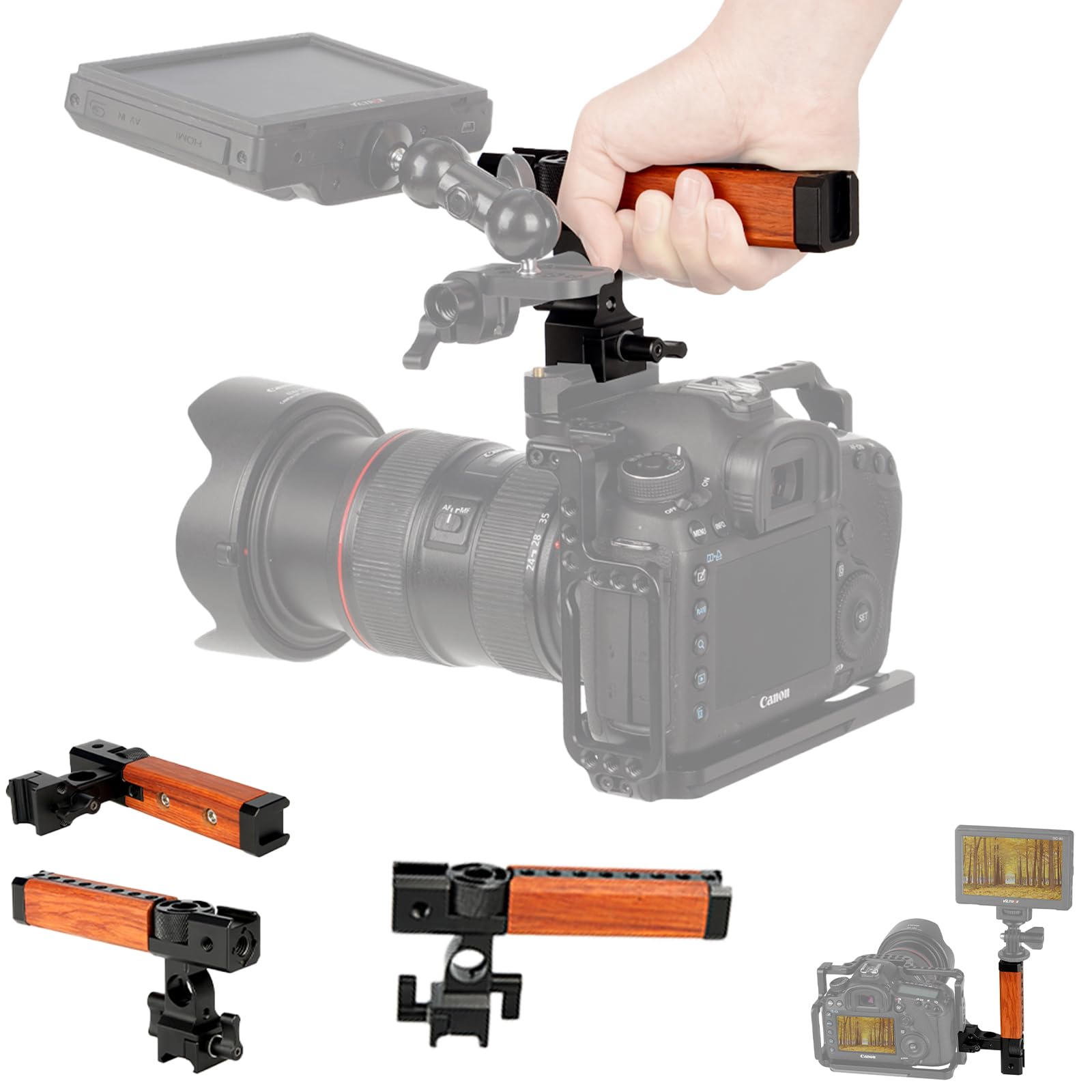 NICEYRIG Camera NATO Top Handle Wooden Grip with 15mm Rod Clamp and Cold Shoe for Camera Camcorder Cage